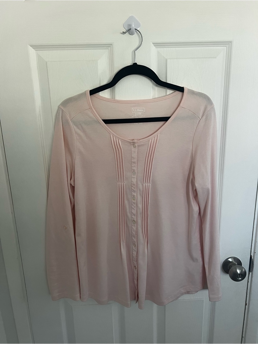 L.L. Bean Light Pink Button-Front Pintuck Long Sleeve Top